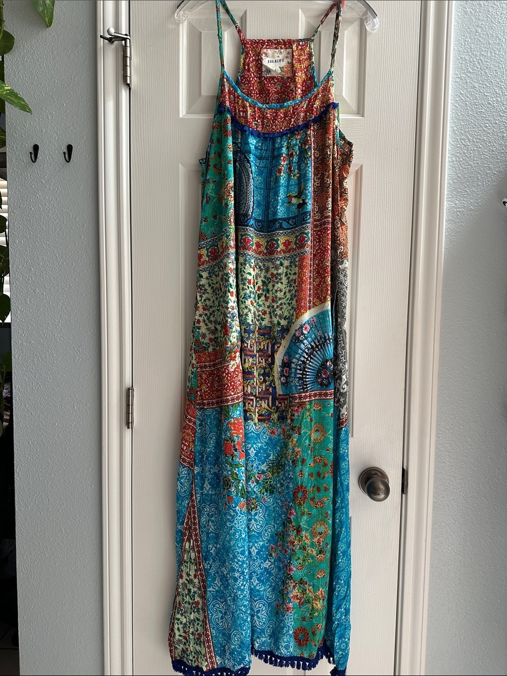 Lulalife Patchwork Colorful Boho Maxi Dress Women’s L Floral Flowy Summer Resort